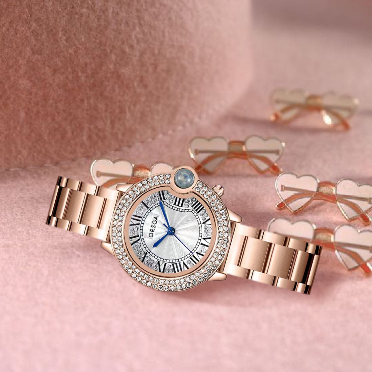 ORSGA ESQUE White Dial Diamond Studded Gold Watch