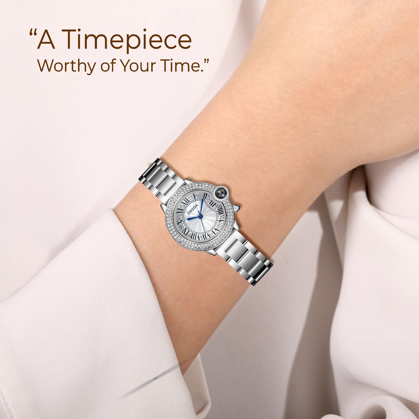 ORSGA ESQUE White Dial Diamond Studded Silver Watch