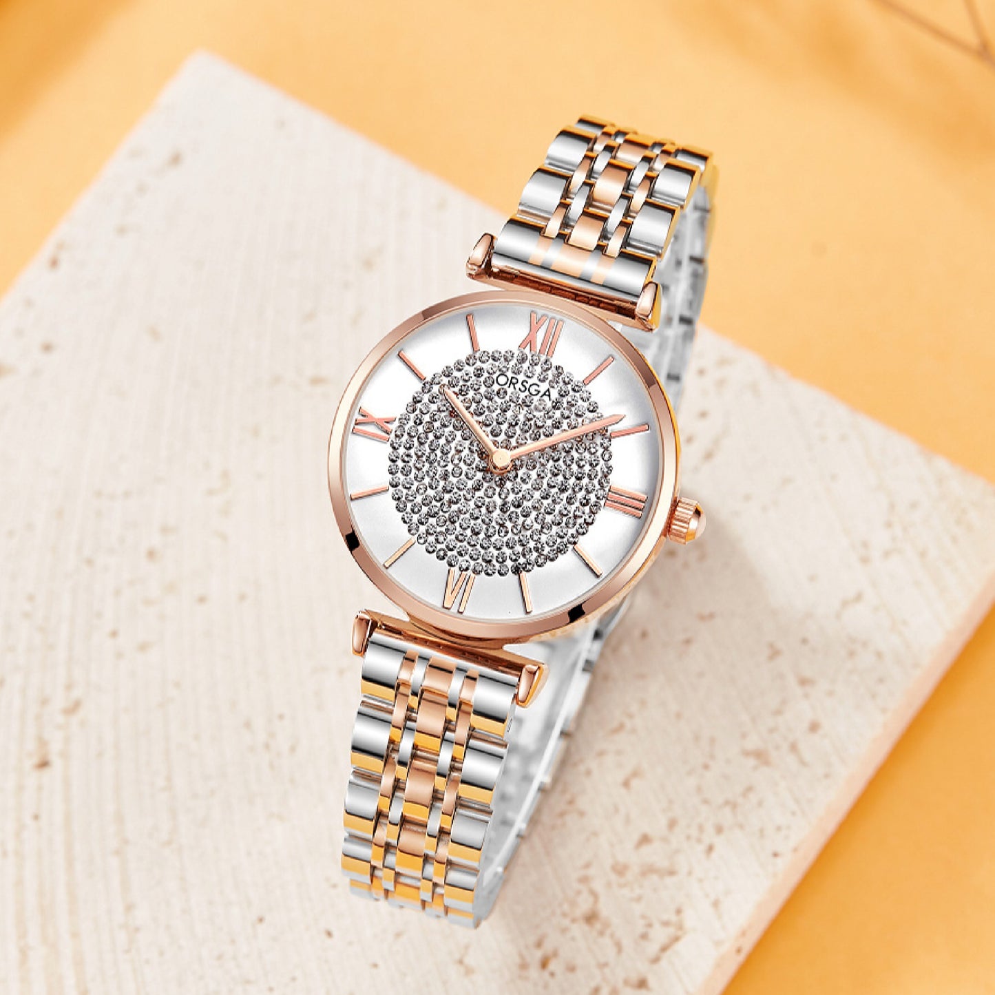 ORSGA GRACIE White Studded Dial Dual Tone Rose Gold Silver Watch