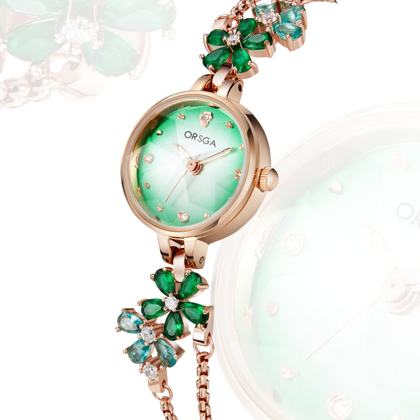 ORSGA FLEUR Green Dial Flower Chain Bracelet Watch