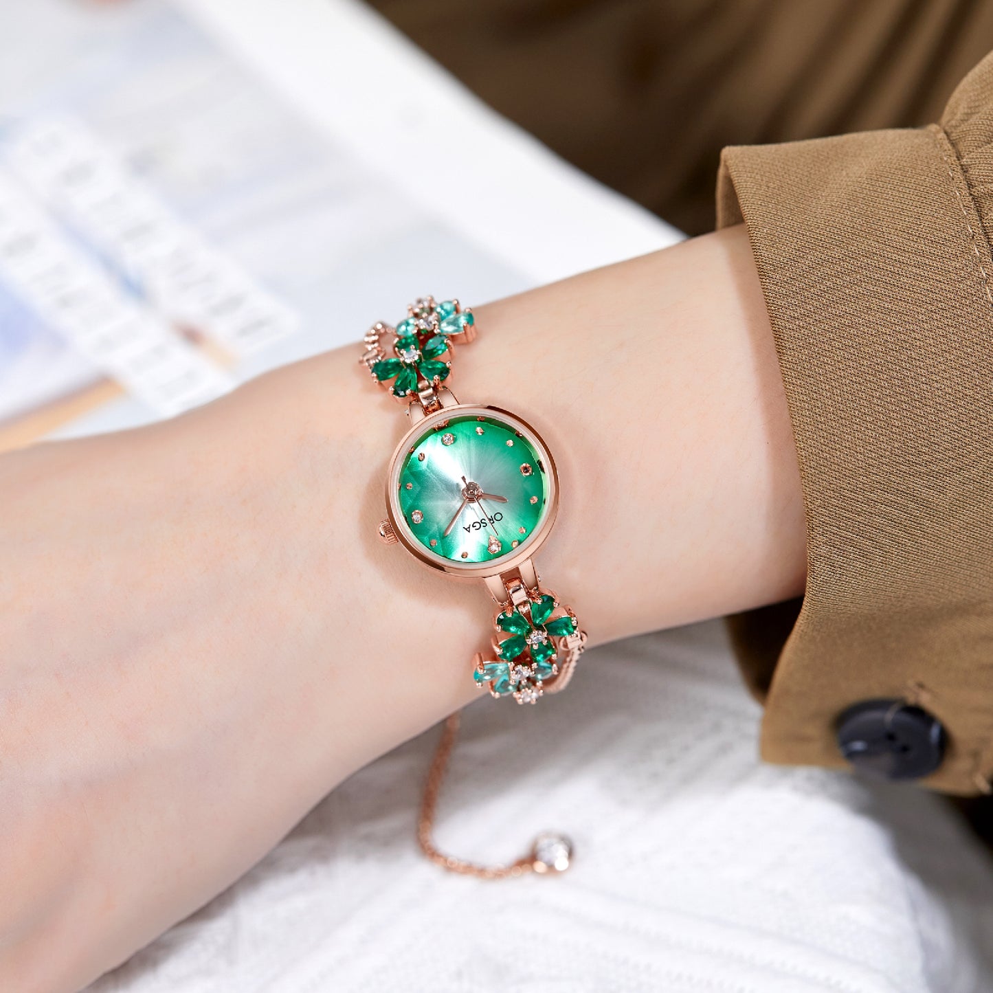 ORSGA FLEUR Green Dial Flower Chain Bracelet Watch