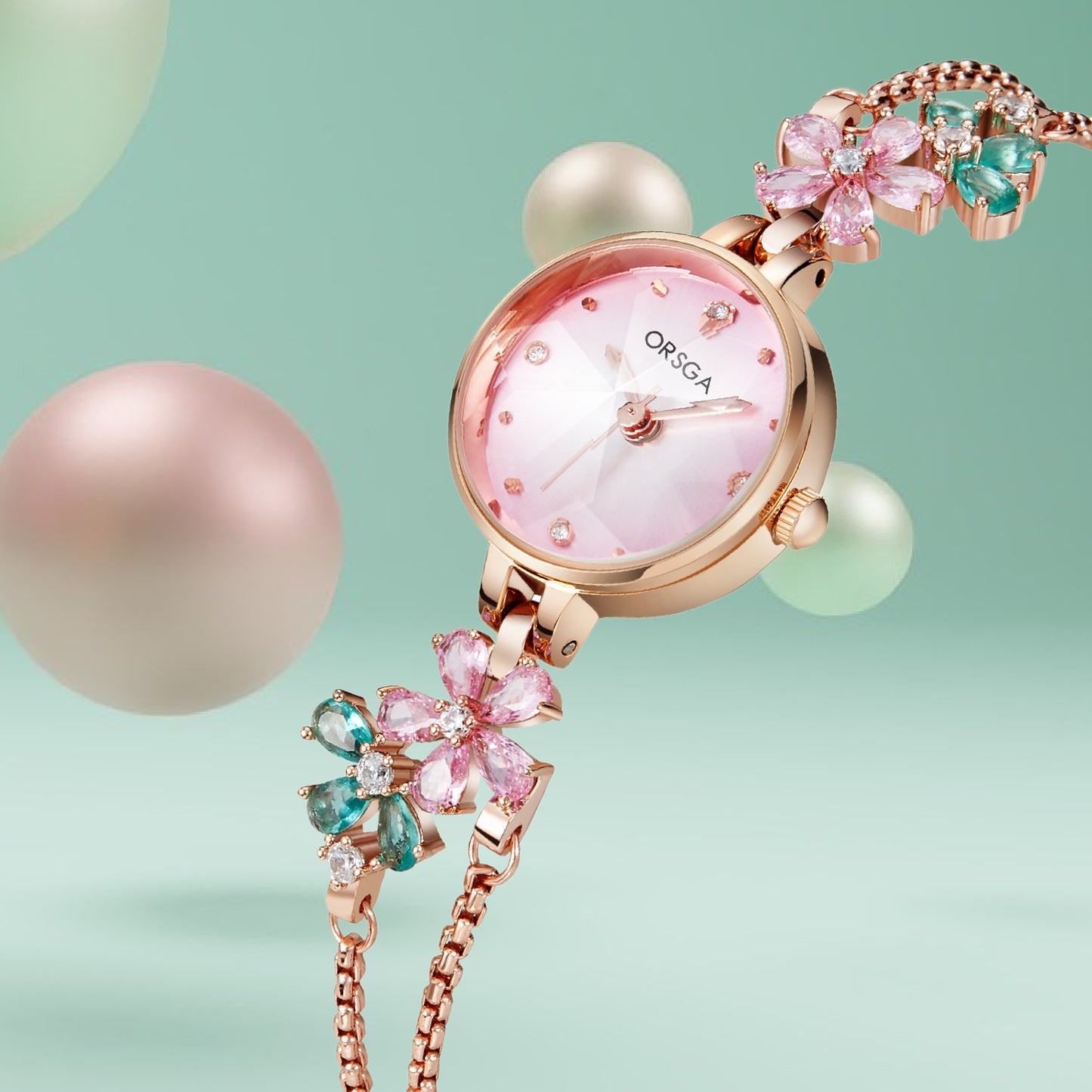 ORSGA FLEUR Pink Green Dial Flower Chain Bracelet Watch