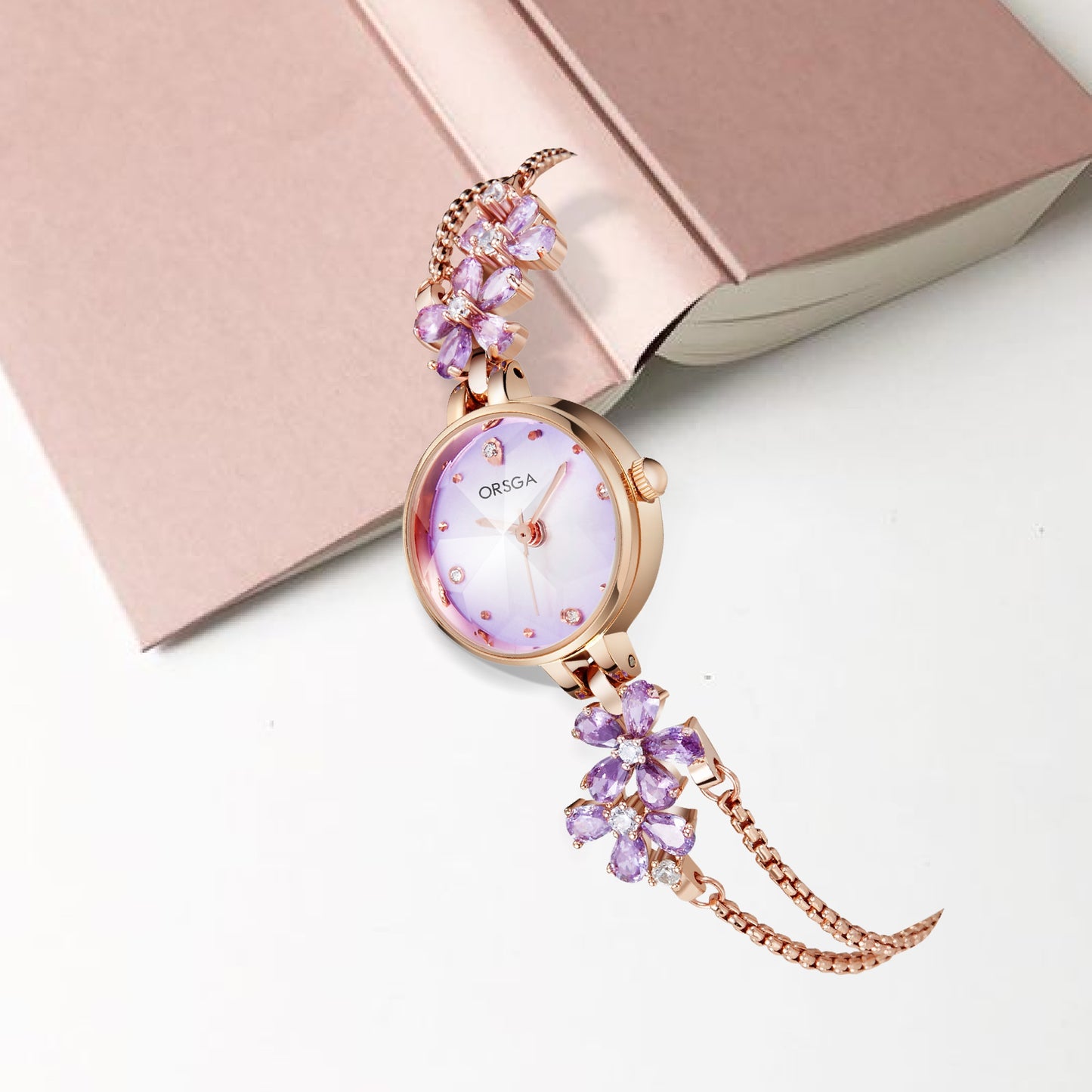 ORSGA FLEUR Light Purple Dial Flower Chain Bracelet Watch