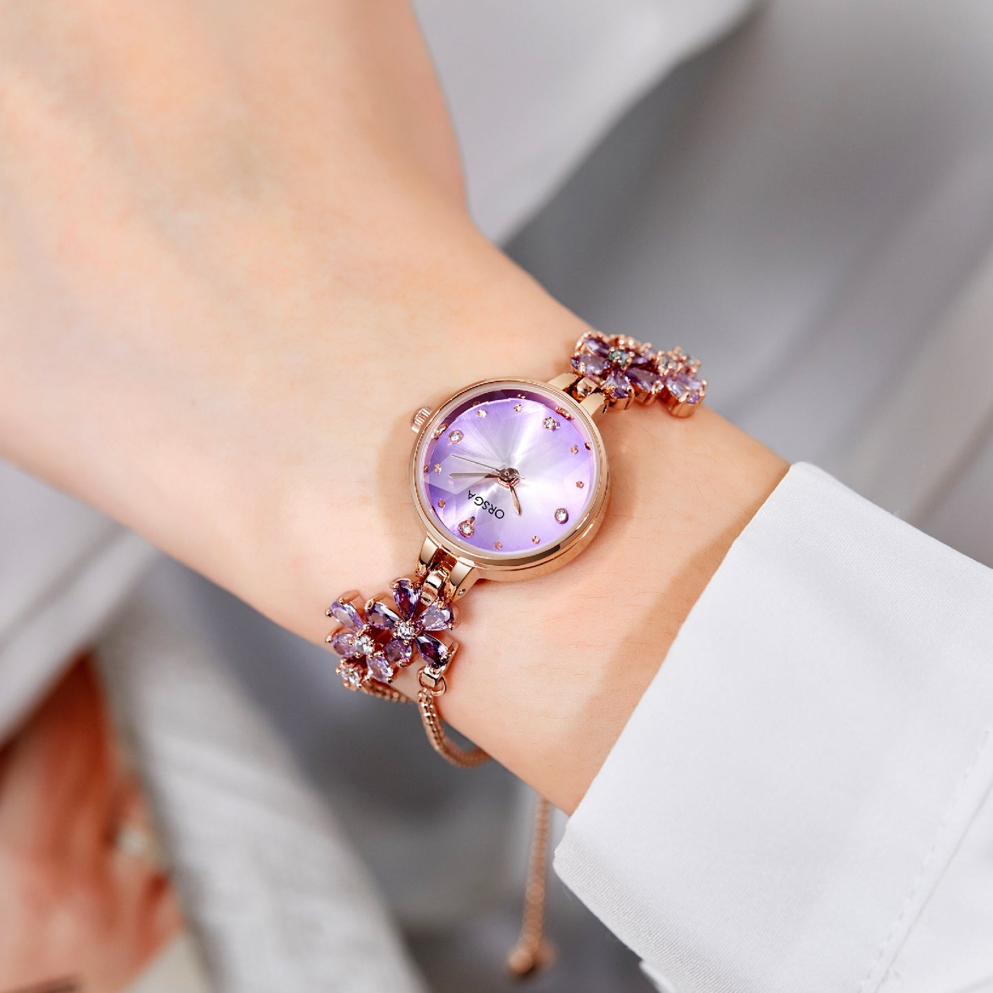 ORSGA FLEUR Light Purple Dial Flower Chain Bracelet Watch
