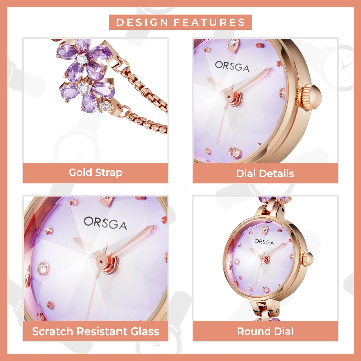ORSGA FLEUR Light Purple Dial Flower Chain Bracelet Watch