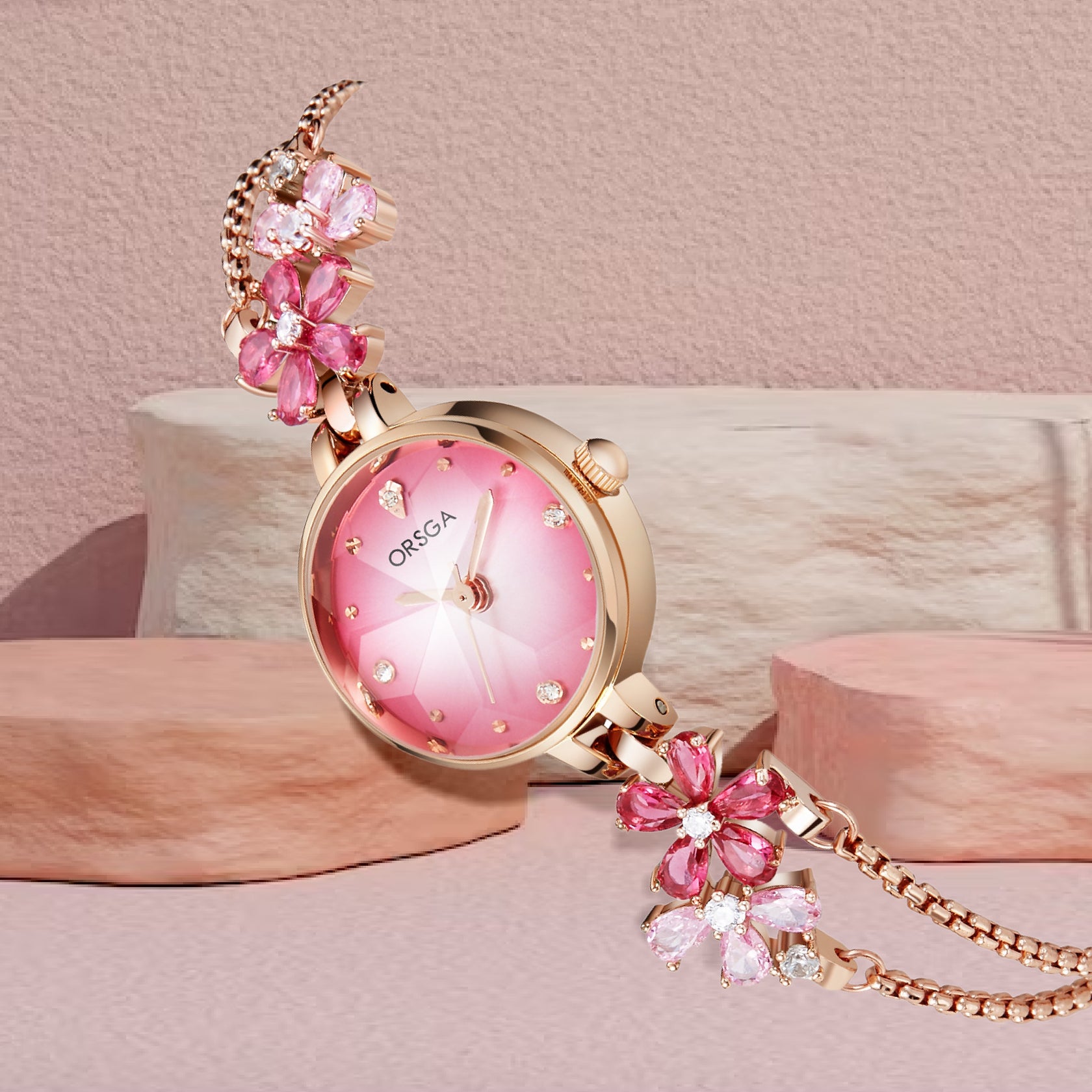 ORSGA FLEUR Pink Dial Flower Chain Bracelet Watch