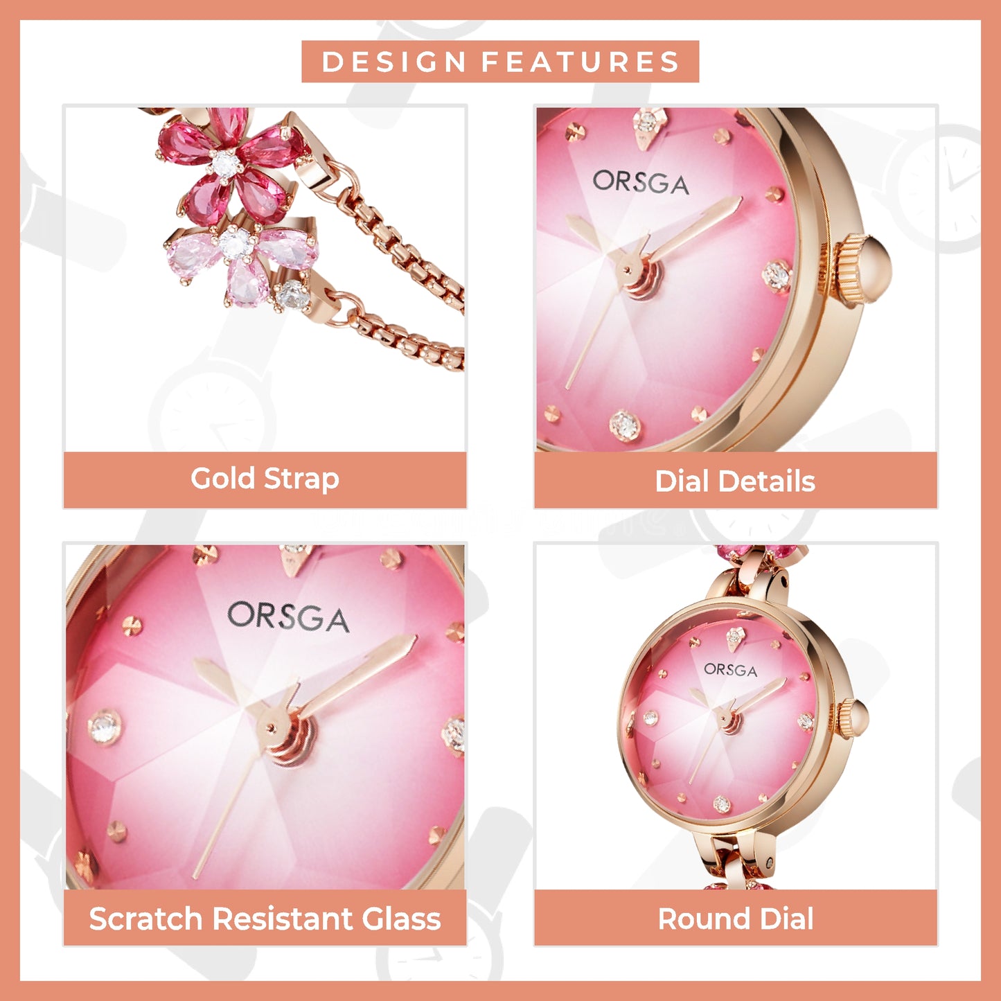 ORSGA FLEUR Pink Dial Flower Chain Bracelet Watch