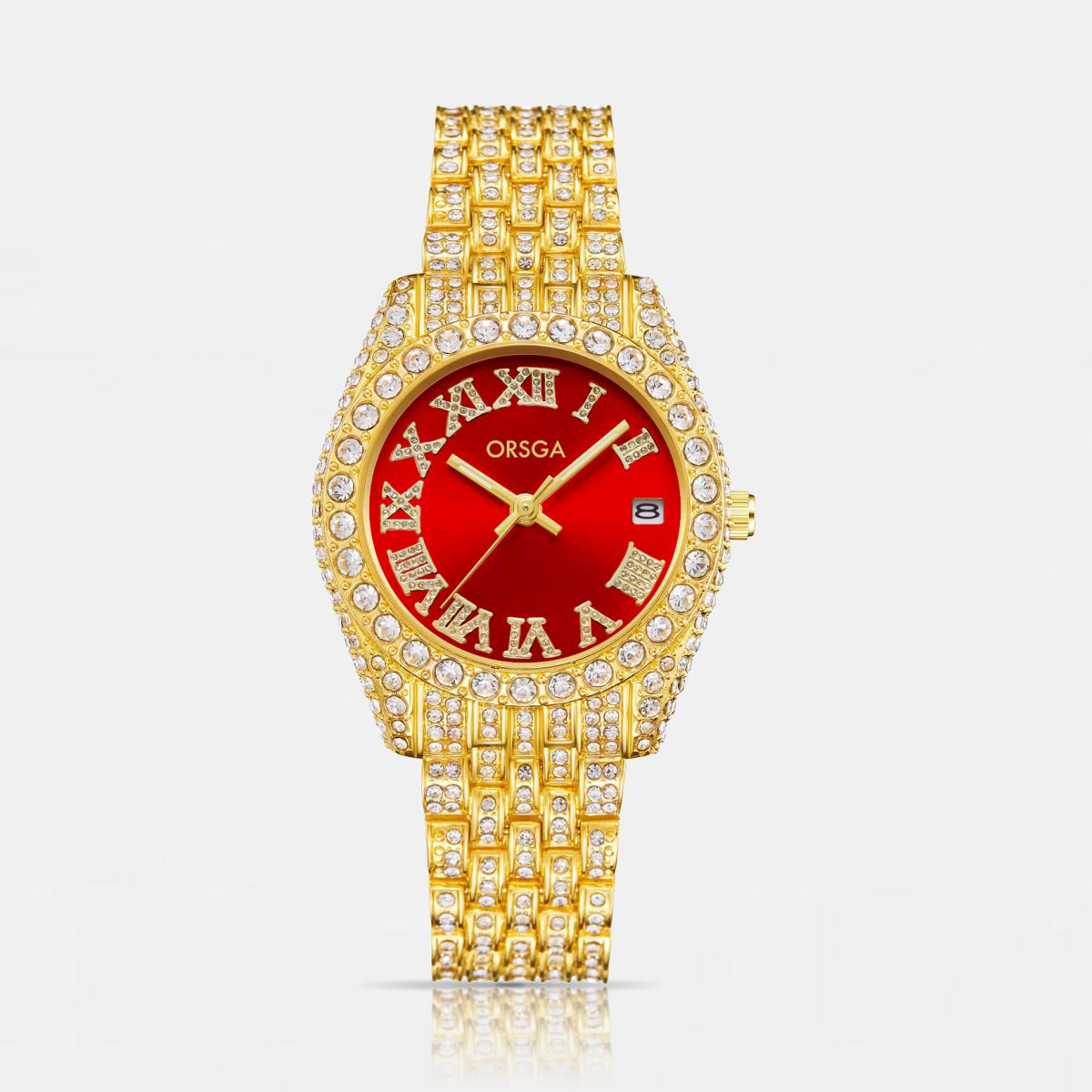 ORNATE Red Dial Full Studded Gold Watch