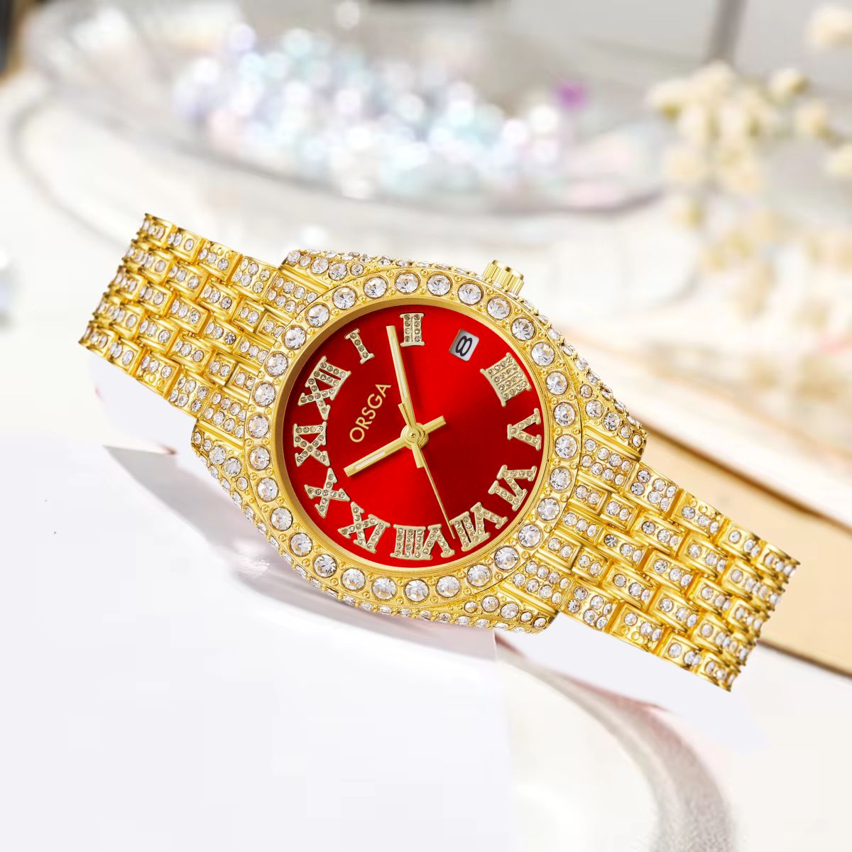 ORNATE Red Dial Full Studded Gold Watch