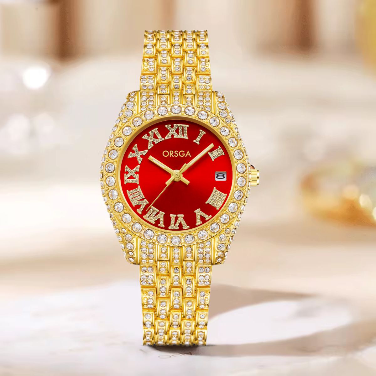 ORNATE Red Dial Full Studded Gold Watch