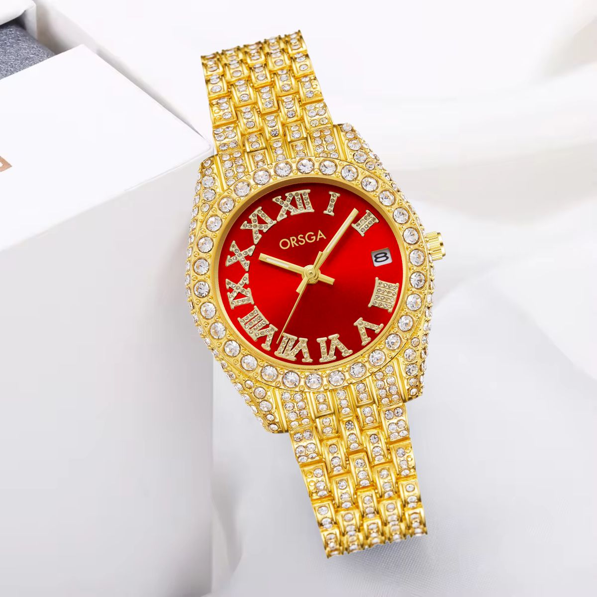 ORNATE Red Dial Full Studded Gold Watch