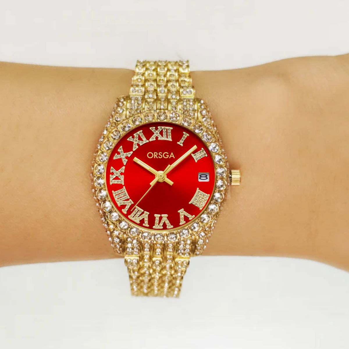 ORNATE Red Dial Full Studded Gold Watch