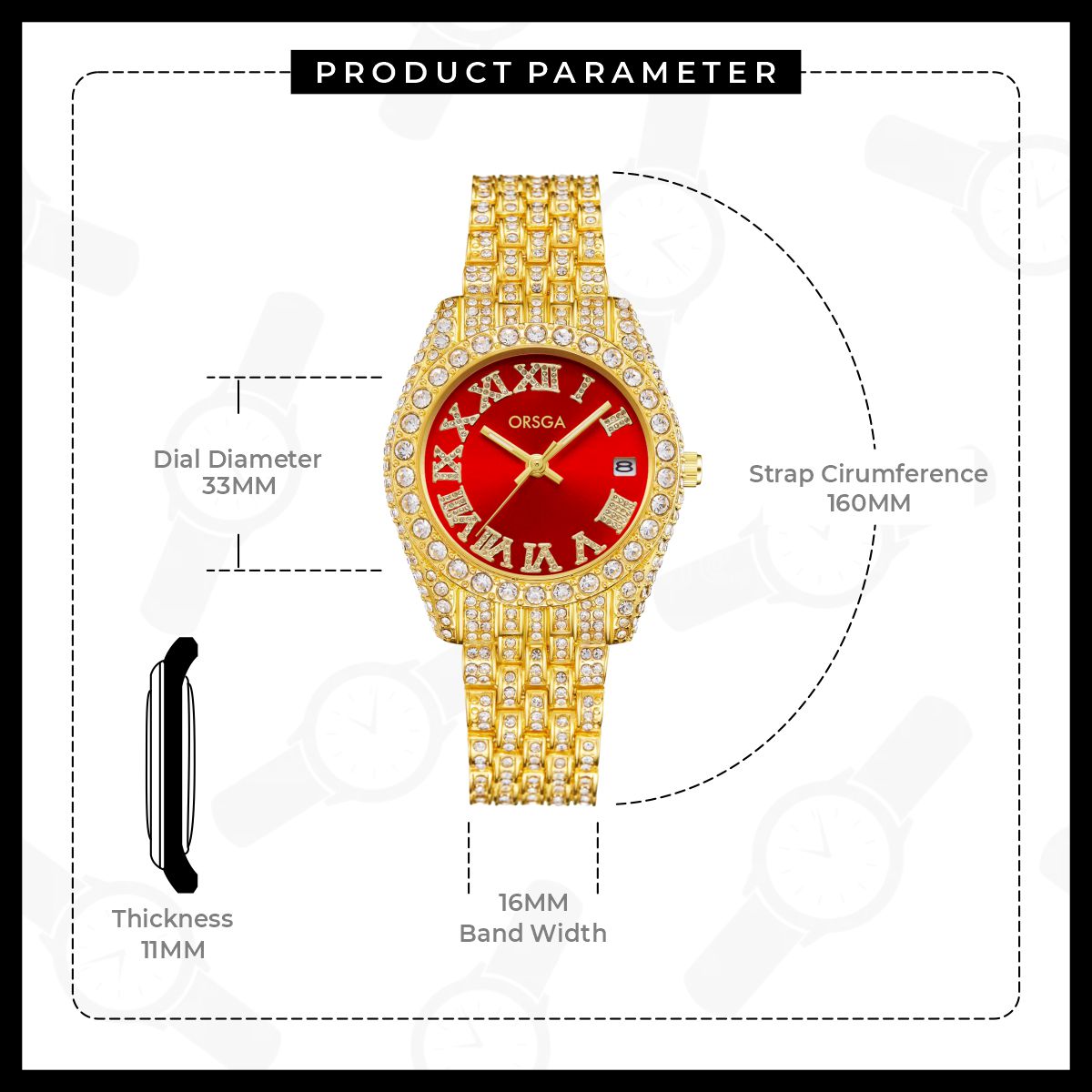 ORNATE Red Dial Full Studded Gold Watch