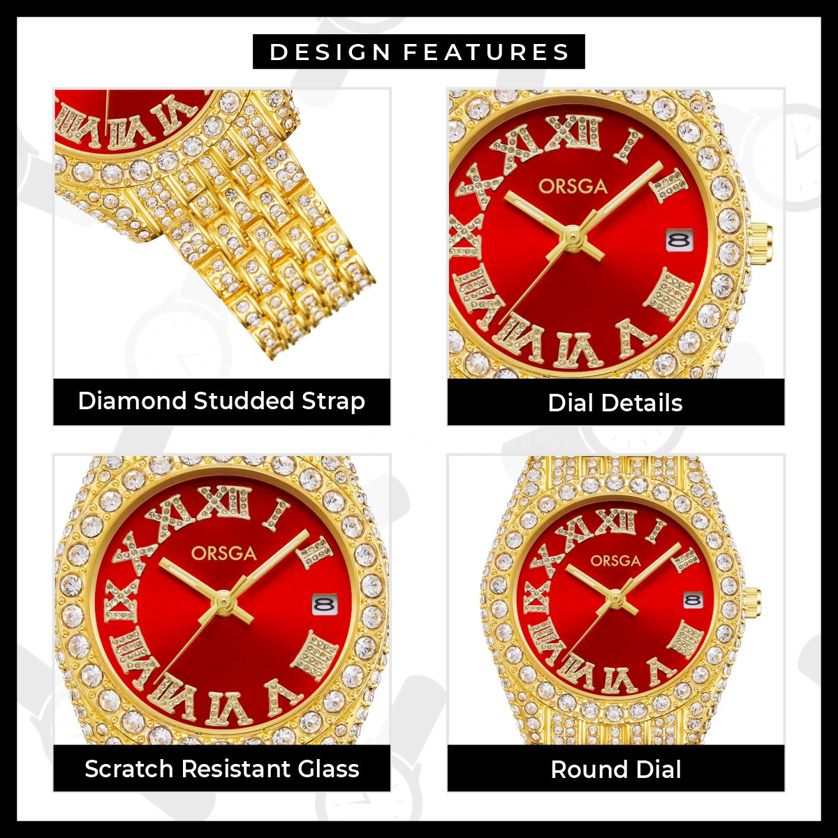 ORNATE Red Dial Full Studded Gold Watch