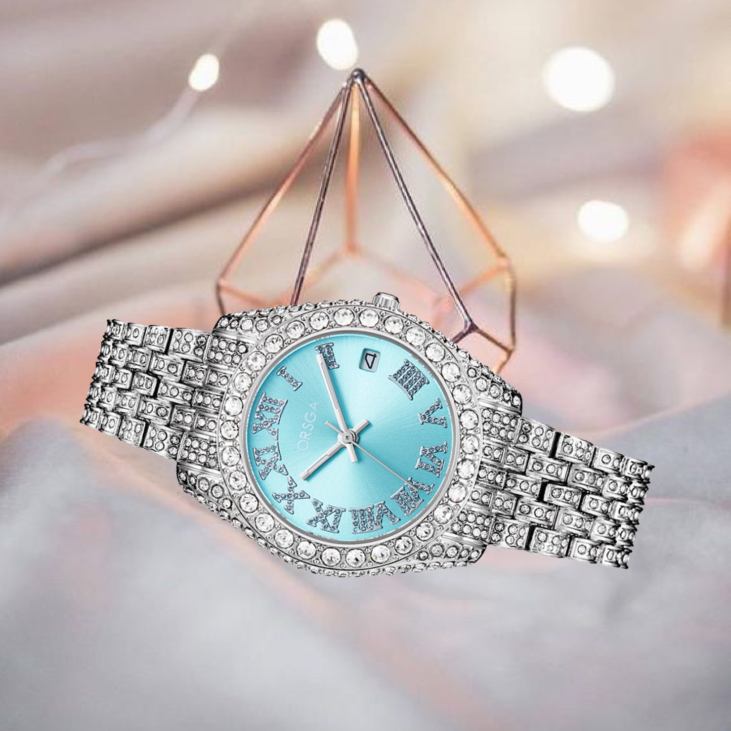 ORSGA Ornate Sea Blue Dial Full Studded Silver Watch