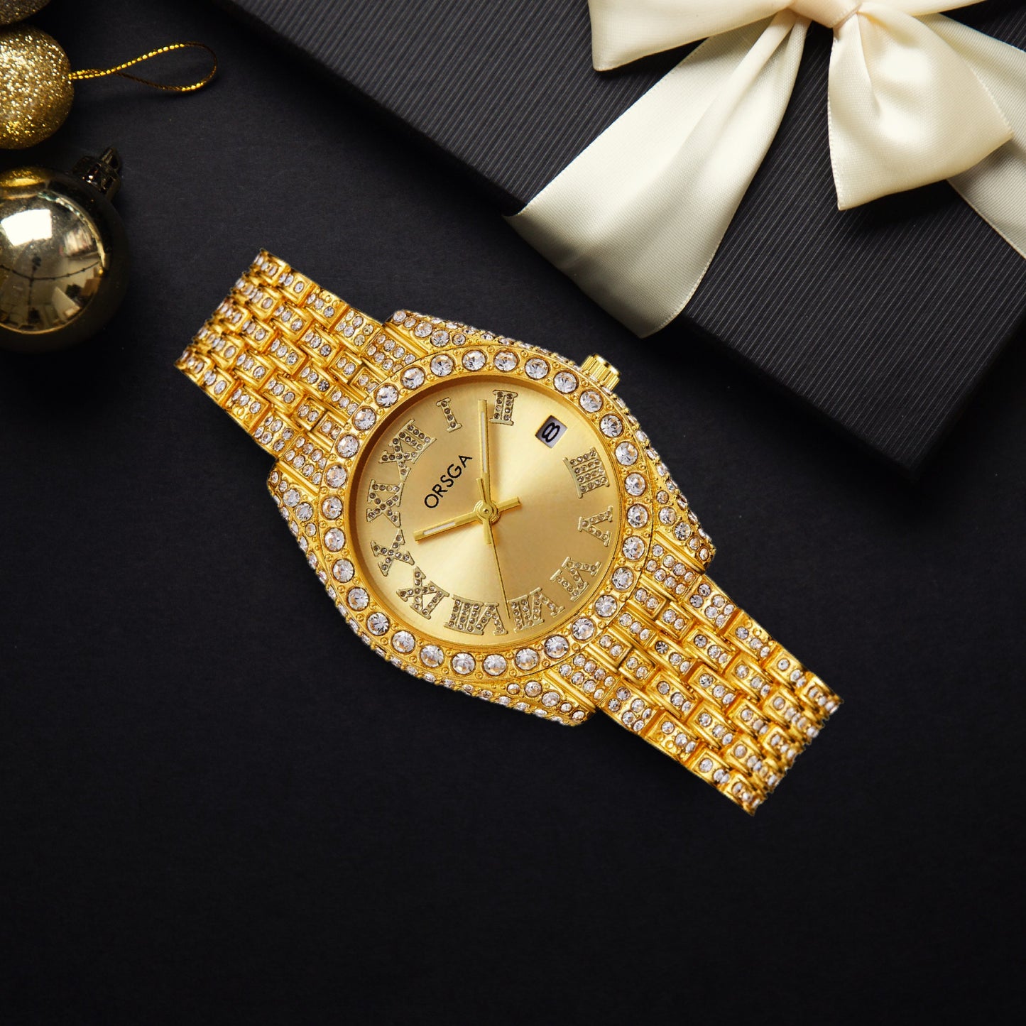 ORNATE Gold Dial Full Studded Gold Watch