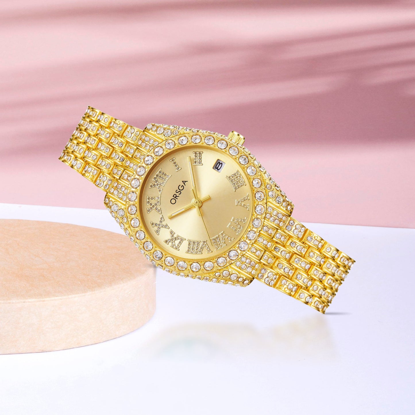 ORNATE Gold Dial Full Studded Gold Watch