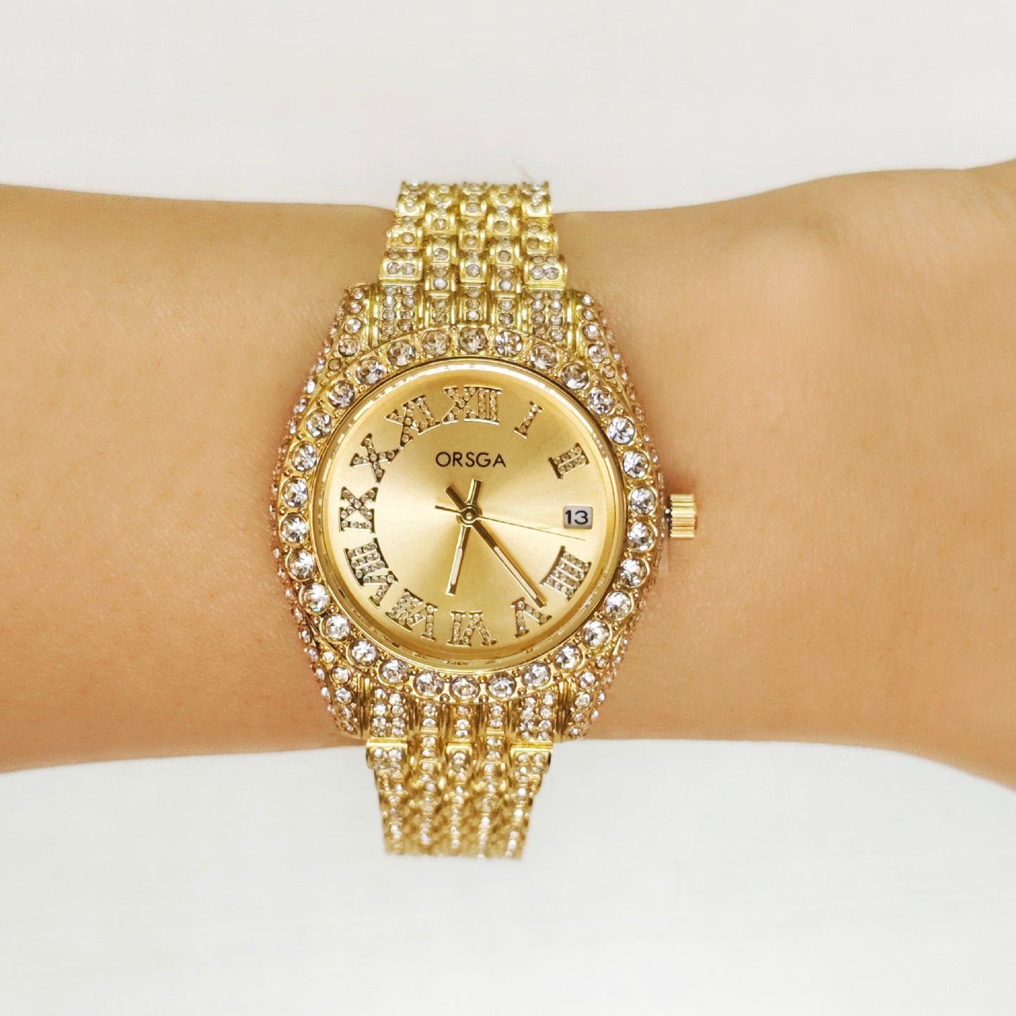 ORNATE Gold Dial Full Studded Gold Watch