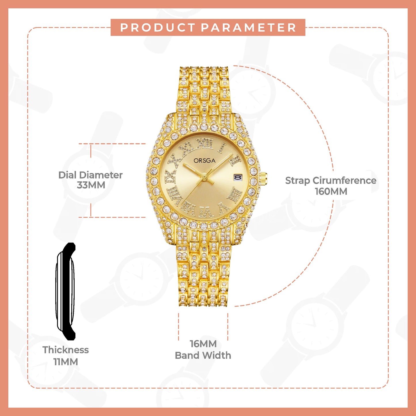 ORNATE Gold Dial Full Studded Gold Watch