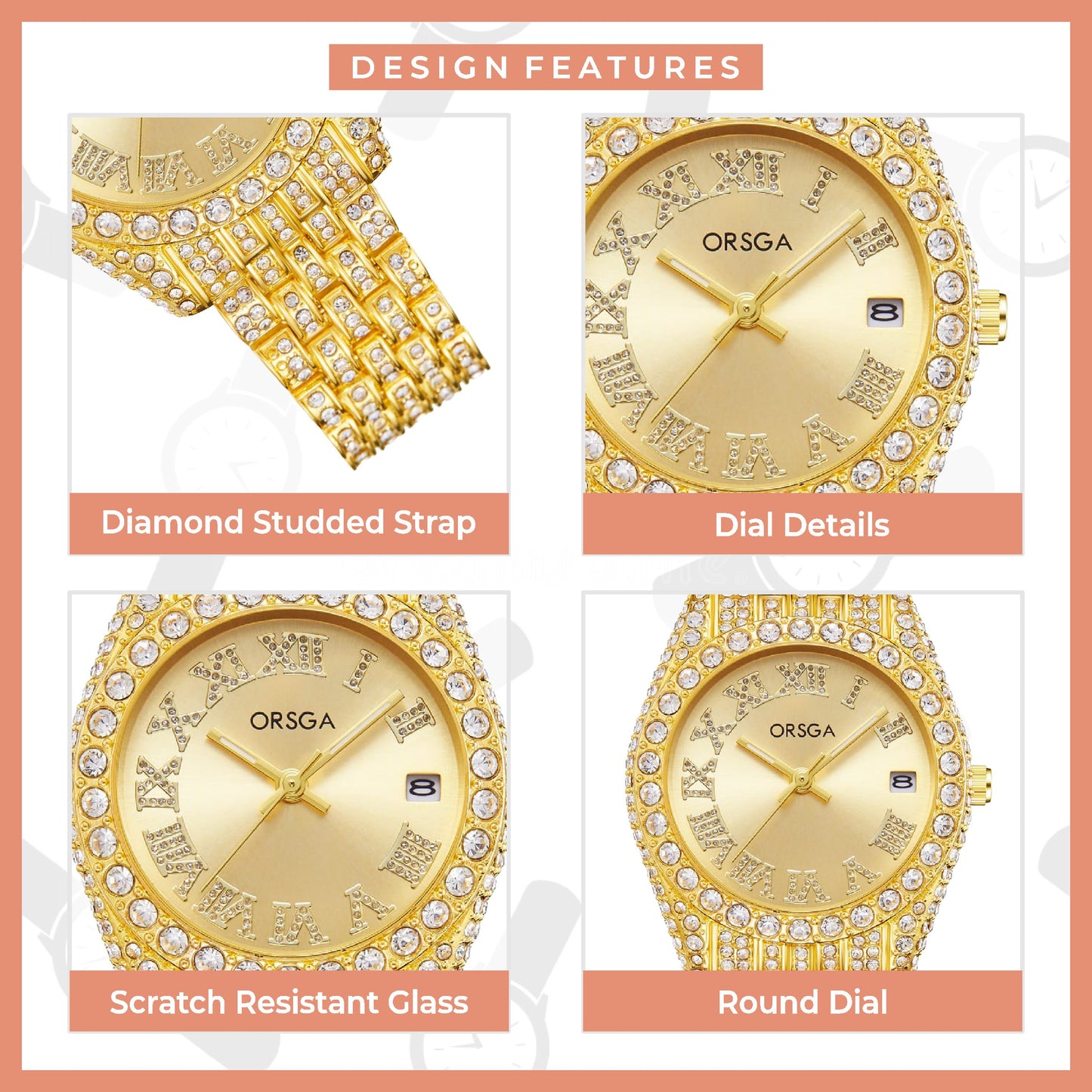 ORNATE Gold Dial Full Studded Gold Watch