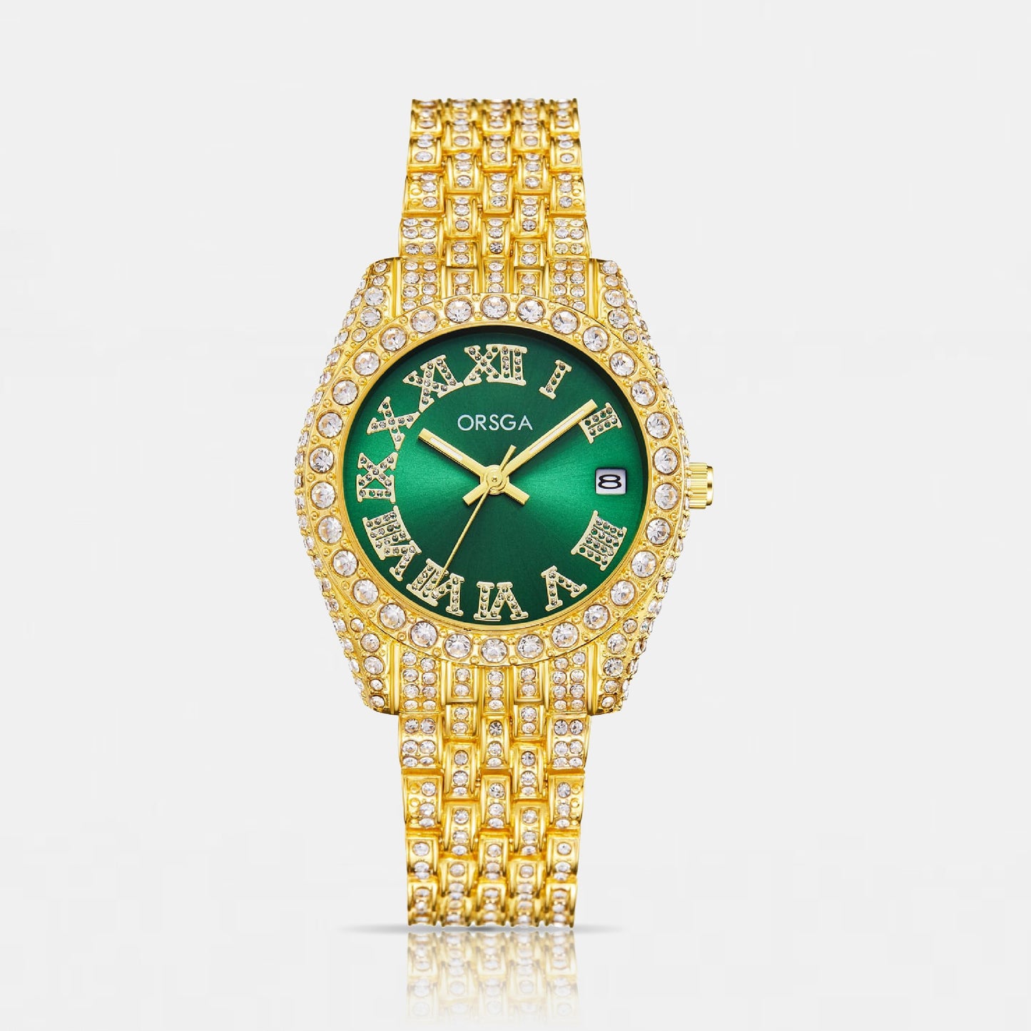 ORNATE Green Dial Full Studded Gold Watch