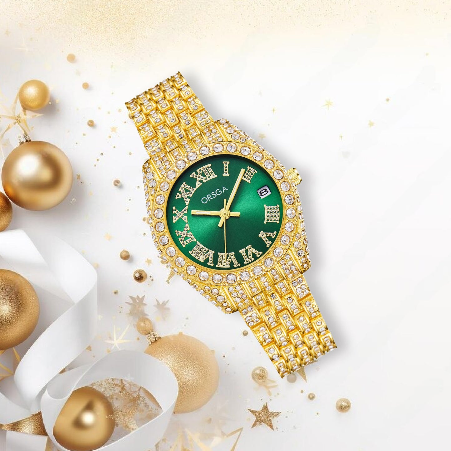 ORNATE Green Dial Full Studded Gold Watch