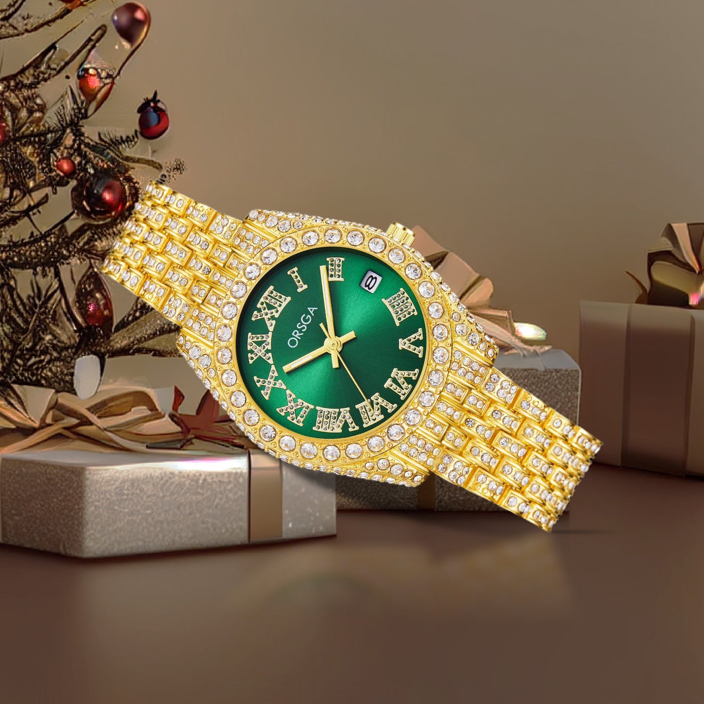 ORNATE Green Dial Full Studded Gold Watch