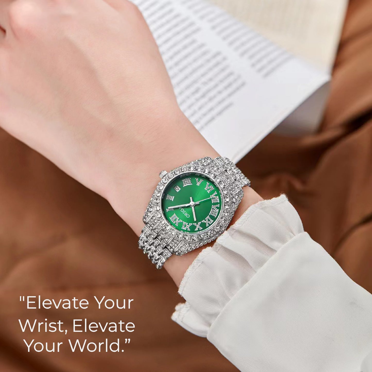 ORSGA Ornate Opal Green Dial Full Studded Silver Watch