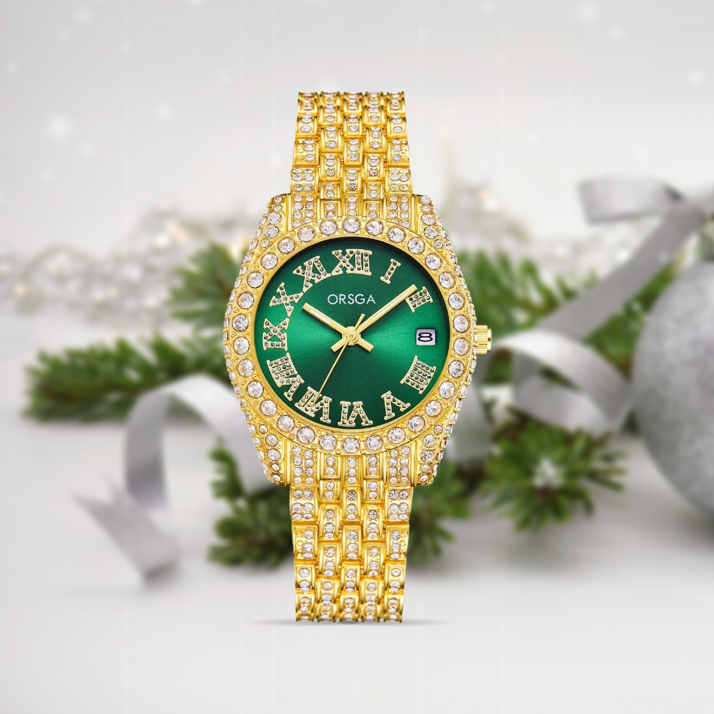 ORNATE Green Dial Full Studded Gold Watch