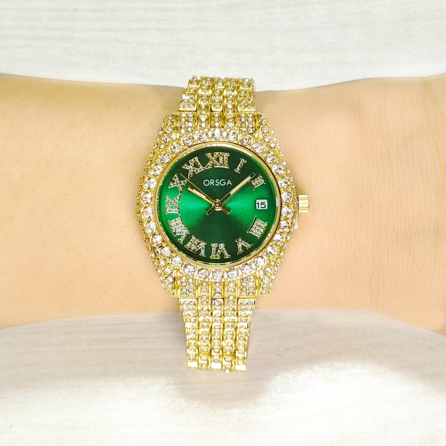 ORNATE Green Dial Full Studded Gold Watch