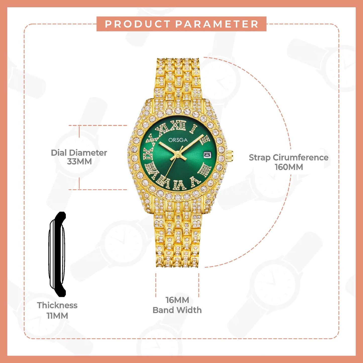 ORNATE Green Dial Full Studded Gold Watch