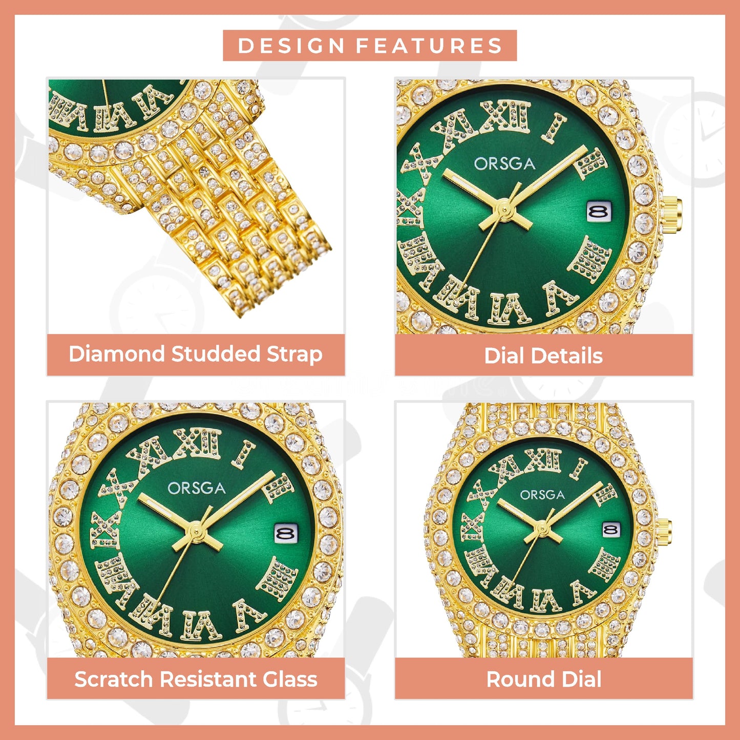 ORNATE Green Dial Full Studded Gold Watch