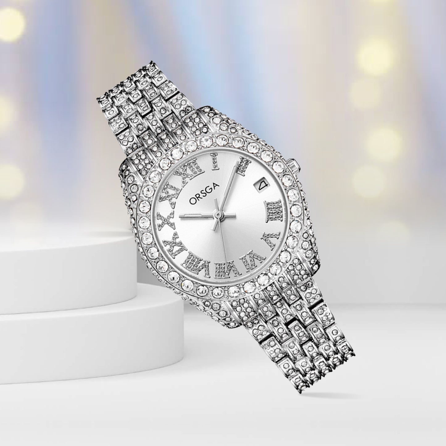 ORSGA Ornate White Dial Full Studded Silver Watch