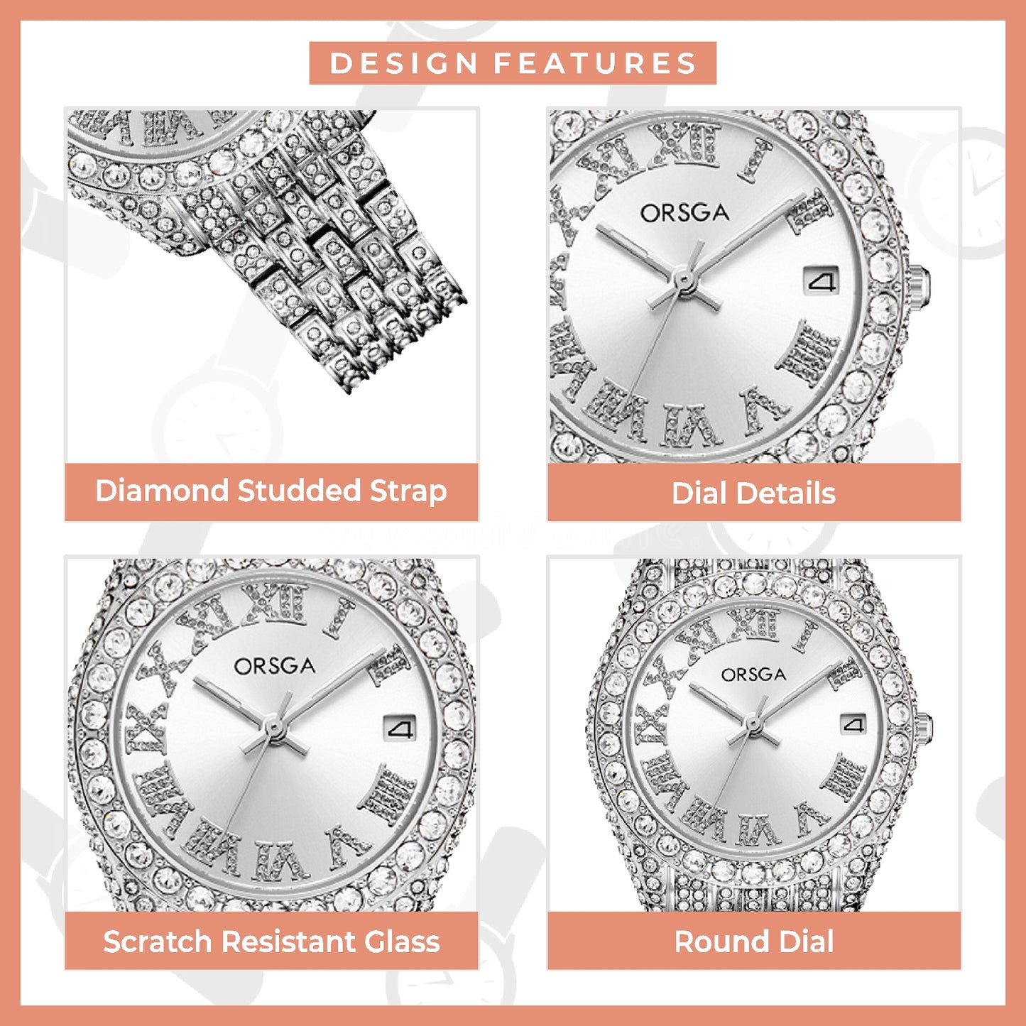 ORSGA Ornate White Dial Full Studded Silver Watch